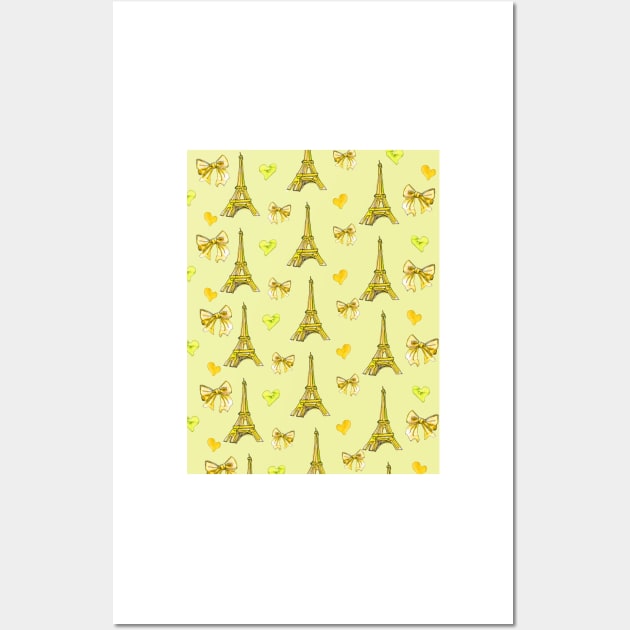 Girly Eiffel Tower Pattern in Watercolours Yellow Background Wall Art by ArtInPi